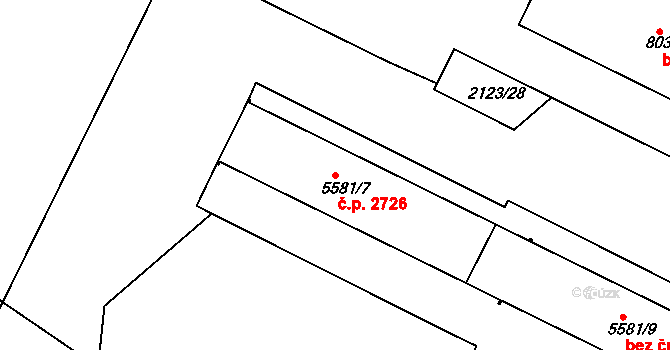 Zelené Předměstí 2726, Pardubice na parcele st. 5581/7 v KÚ Pardubice, Katastrální mapa