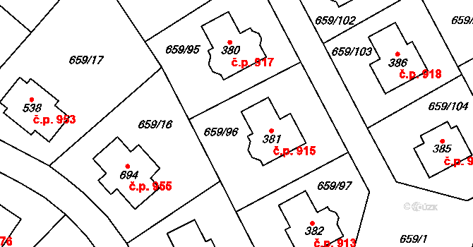 Hlubočinka 915, Sulice na parcele st. 381 v KÚ Sulice, Katastrální mapa