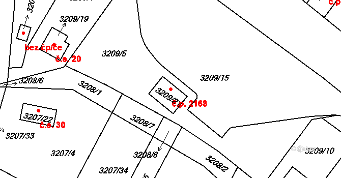 Benešov 2168 na parcele st. 3209/21 v KÚ Benešov u Prahy, Katastrální mapa