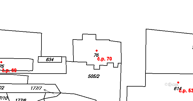 Rudná 70 na parcele st. 76 v KÚ Dušníky u Rudné, Katastrální mapa