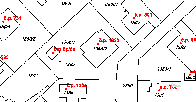 Suchdol 1222, Praha na parcele st. 1366/2 v KÚ Suchdol, Katastrální mapa