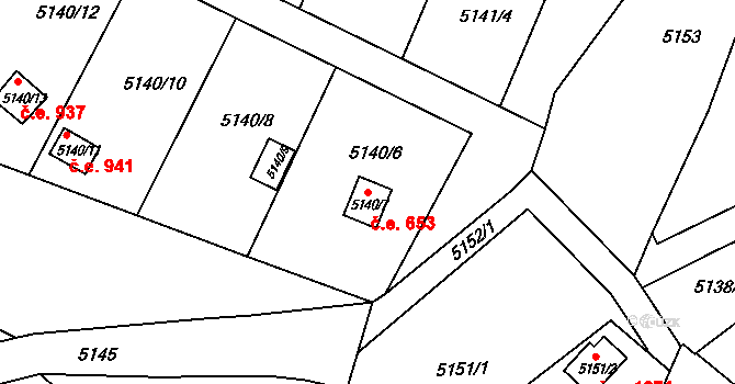 Velké Meziříčí 653 na parcele st. 5140/7 v KÚ Velké Meziříčí, Katastrální mapa
