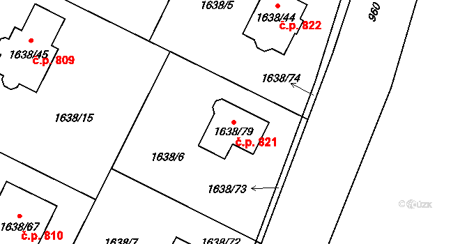 Miřetice u Klášterce nad Ohří 821, Klášterec nad Ohří na parcele st. 1638/79 v KÚ Miřetice u Klášterce nad Ohří, Katastrální mapa