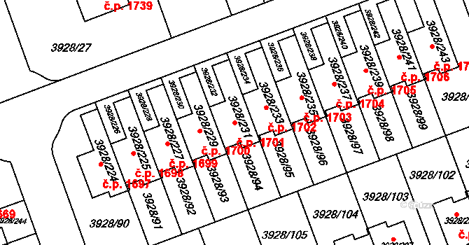 Úvaly 1701 na parcele st. 3928/231 v KÚ Úvaly u Prahy, Katastrální mapa