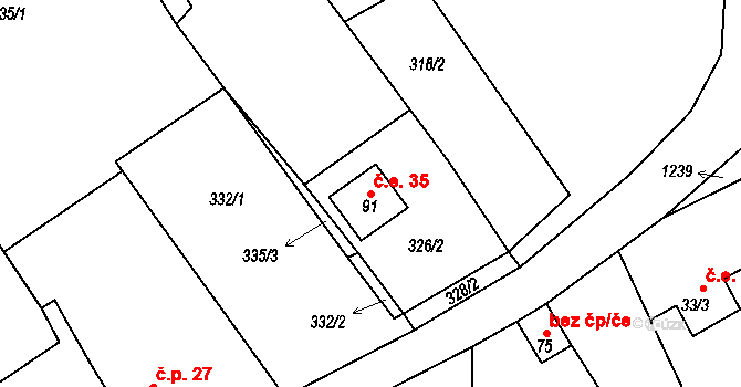 Levín 35 na parcele st. 91 v KÚ Muckov, Katastrální mapa