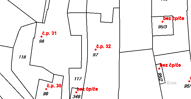 Prčice 32, Sedlec-Prčice na parcele st. 97 v KÚ Prčice, Katastrální mapa