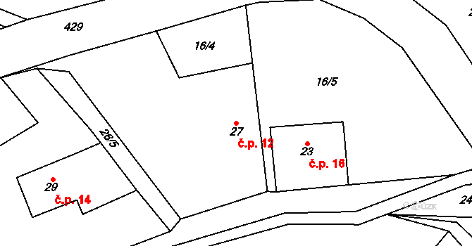 Jabloňov 12, Věžná na parcele st. 27 v KÚ Jabloňov, Katastrální mapa