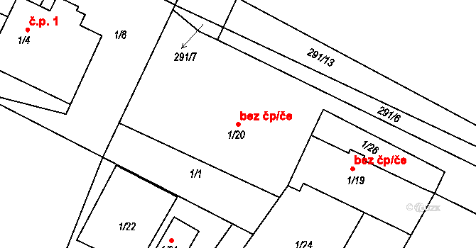 Hlízov 43996221 na parcele st. 1/20 v KÚ Hlízov, Katastrální mapa