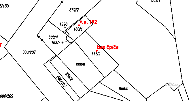 Štěpánov 50056221 na parcele st. 116/2 v KÚ Moravská Huzová, Katastrální mapa