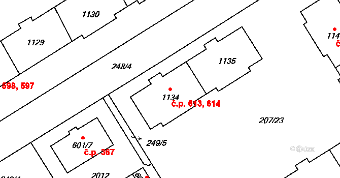 Horní Bříza 613,614 na parcele st. 1134 v KÚ Horní Bříza, Katastrální mapa