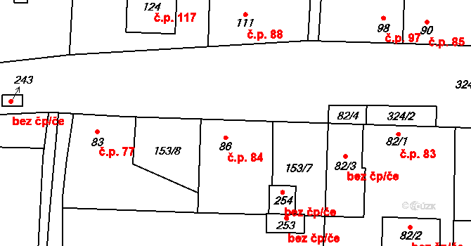 Kozomín 84 na parcele st. 86 v KÚ Kozomín, Katastrální mapa