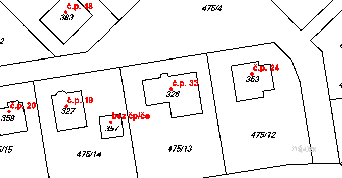 Minice 33, Kralupy nad Vltavou na parcele st. 326 v KÚ Minice u Kralup nad Vltavou, Katastrální mapa
