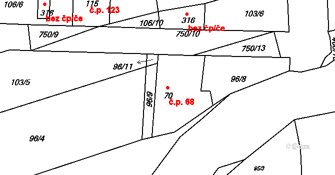 Mlékojedy 68, Neratovice na parcele st. 70 v KÚ Mlékojedy u Neratovic, Katastrální mapa