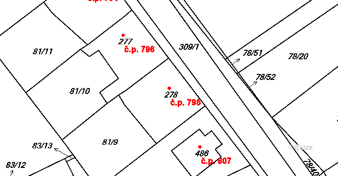 Rudná 795 na parcele st. 278 v KÚ Hořelice, Katastrální mapa