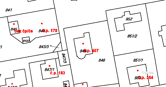 Průhonice 407 na parcele st. 849 v KÚ Průhonice, Katastrální mapa