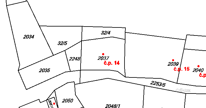 Podražnice 14, Horšovský Týn na parcele st. 2037 v KÚ Podražnice, Katastrální mapa