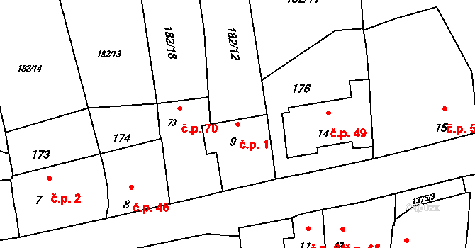 Skočice 1, Přeštice na parcele st. 9 v KÚ Skočice u Přeštic, Katastrální mapa