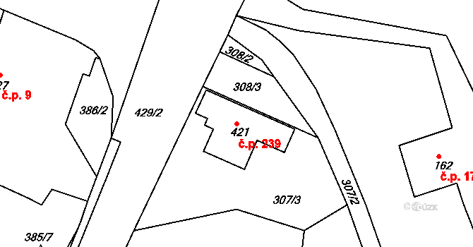 Hrádek 239 na parcele st. 421 v KÚ Hrádek u Rokycan, Katastrální mapa