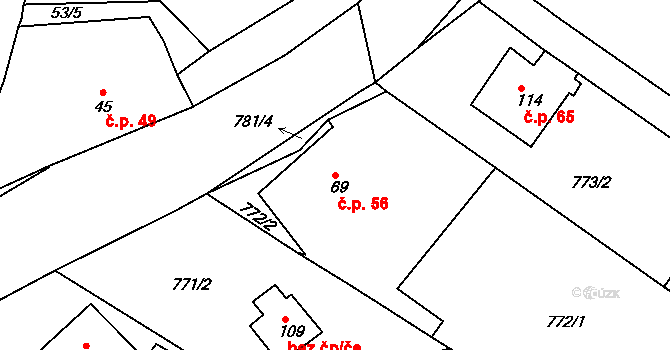 Plískov 56 na parcele st. 69 v KÚ Plískov, Katastrální mapa