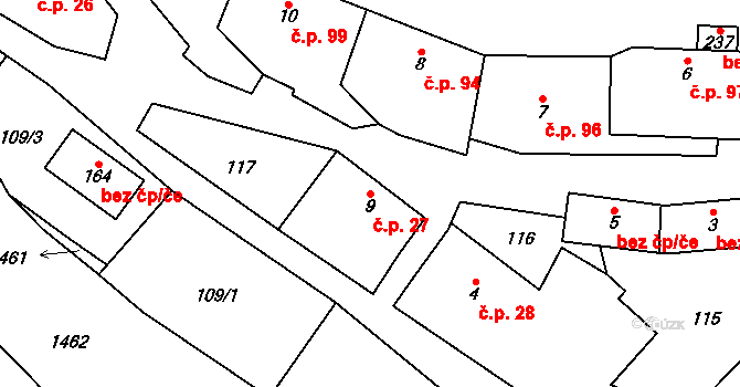 Podmokly 27 na parcele st. 9 v KÚ Podmokly nad Berounkou, Katastrální mapa