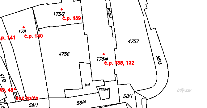Bílé Předměstí 132,138, Pardubice na parcele st. 175/4 v KÚ Pardubice, Katastrální mapa