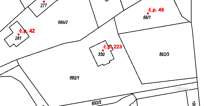 Horní Radechová 223 na parcele st. 330 v KÚ Horní Radechová, Katastrální mapa