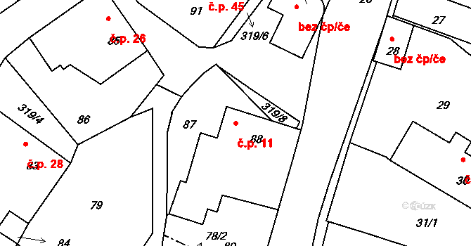 Jestřabí 11, Fulnek na parcele st. 88 v KÚ Jestřabí u Fulneku, Katastrální mapa
