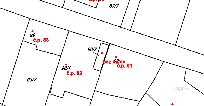 Horušice 83319221 na parcele st. 98/2 v KÚ Horušice, Katastrální mapa
