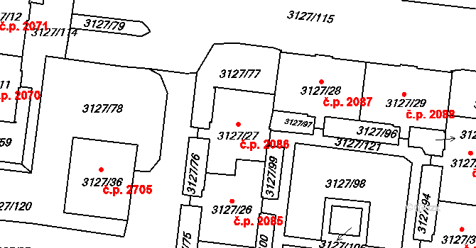 Louny 2086 na parcele st. 3127/27 v KÚ Louny, Katastrální mapa