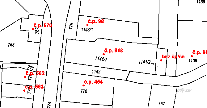 Klobouky u Brna 618 na parcele st. 1141/1 v KÚ Klobouky u Brna, Katastrální mapa