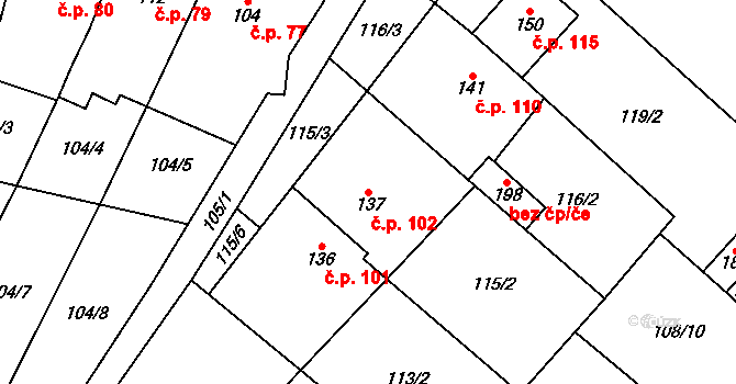 Hlinsko pod Hostýnem 102, Bystřice pod Hostýnem na parcele st. 137 v KÚ Hlinsko pod Hostýnem, Katastrální mapa