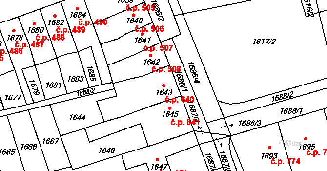 Koryčany 640 na parcele st. 1643 v KÚ Koryčany, Katastrální mapa