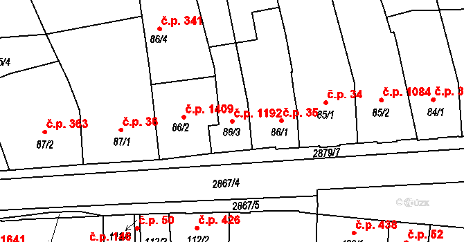 Bystřice pod Hostýnem 1192 na parcele st. 86/3 v KÚ Bystřice pod Hostýnem, Katastrální mapa