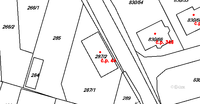Srubec 44 na parcele st. 287/2 v KÚ Srubec, Katastrální mapa