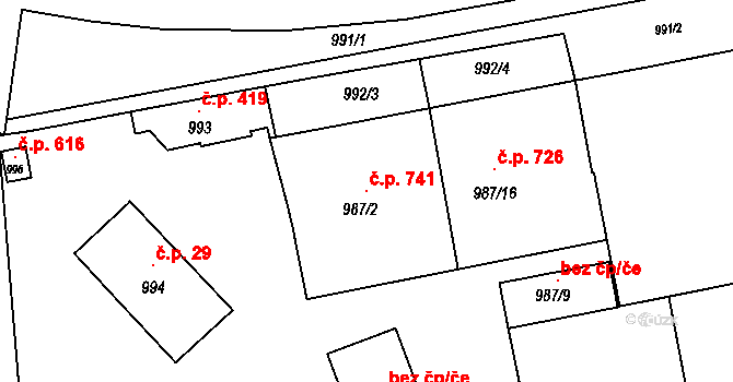 Komárov 741, Brno na parcele st. 987/2 v KÚ Komárov, Katastrální mapa