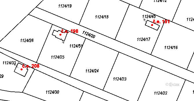 Jihlava 197 na parcele st. 1124/24 v KÚ Jihlava, Katastrální mapa