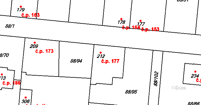 Hospozín 177 na parcele st. 212 v KÚ Hospozín, Katastrální mapa
