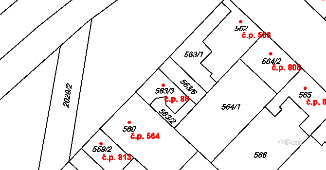 Lužice 86 na parcele st. 563/3 v KÚ Lužice u Hodonína, Katastrální mapa