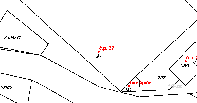Žeravice 37 na parcele st. 91 v KÚ Žeravice u Kyjova, Katastrální mapa