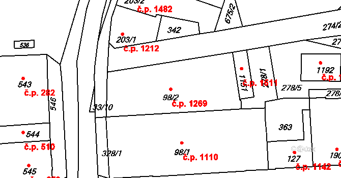 Švermov 1269, Kladno na parcele st. 98/2 v KÚ Hnidousy, Katastrální mapa