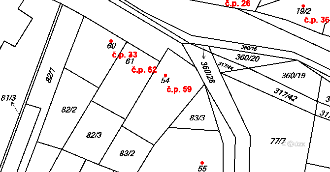 Podolí 59, Bouzov na parcele st. 54 v KÚ Podolí u Bouzova, Katastrální mapa