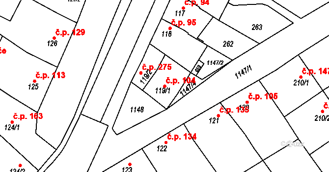 Senice na Hané 104 na parcele st. 119/1 v KÚ Senice na Hané, Katastrální mapa