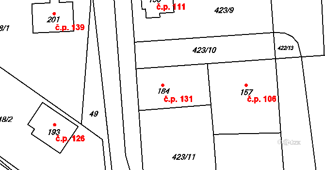 Kladeruby 131 na parcele st. 184 v KÚ Kladeruby, Katastrální mapa