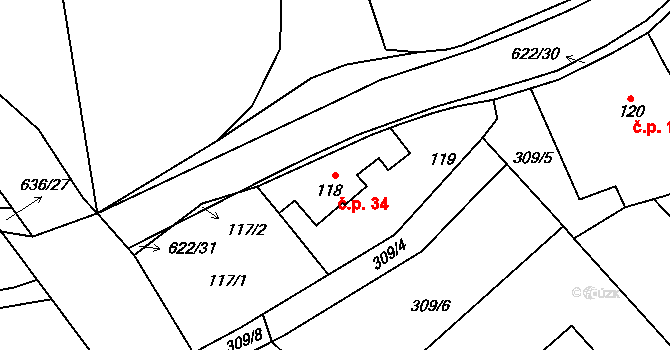 Milíčeves 34, Slatiny na parcele st. 118 v KÚ Milíčeves, Katastrální mapa