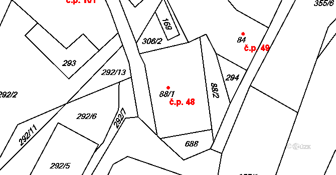 Moravský Karlov 48, Červená Voda na parcele st. 88/1 v KÚ Moravský Karlov, Katastrální mapa