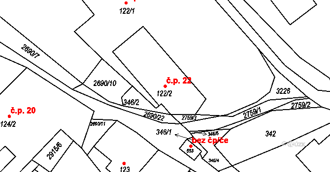 Korouhev 22 na parcele st. 122/2 v KÚ Korouhev, Katastrální mapa