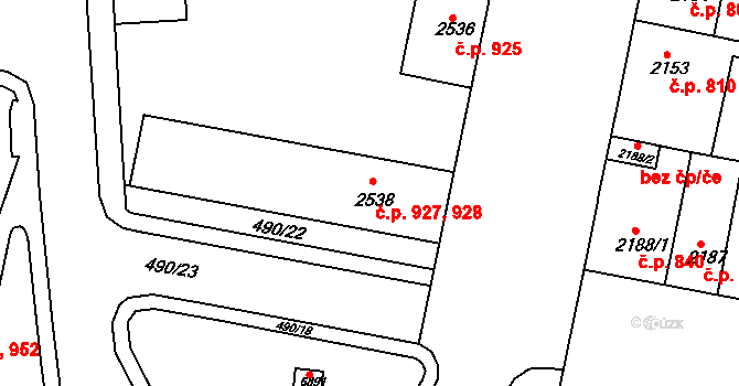 Horka-Domky 927,928, Třebíč na parcele st. 2538 v KÚ Třebíč, Katastrální mapa