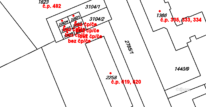 Chrudim III 619,620, Chrudim na parcele st. 2258 v KÚ Chrudim, Katastrální mapa