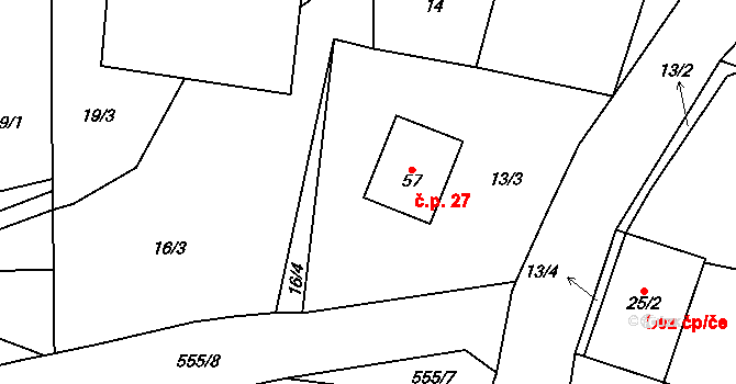Skočova Lhota 27, Malá Roudka na parcele st. 57 v KÚ Skočova Lhota, Katastrální mapa