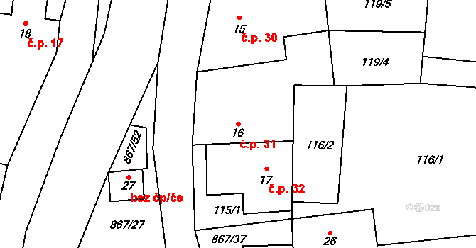 Úsobrno 31 na parcele st. 16 v KÚ Úsobrno, Katastrální mapa